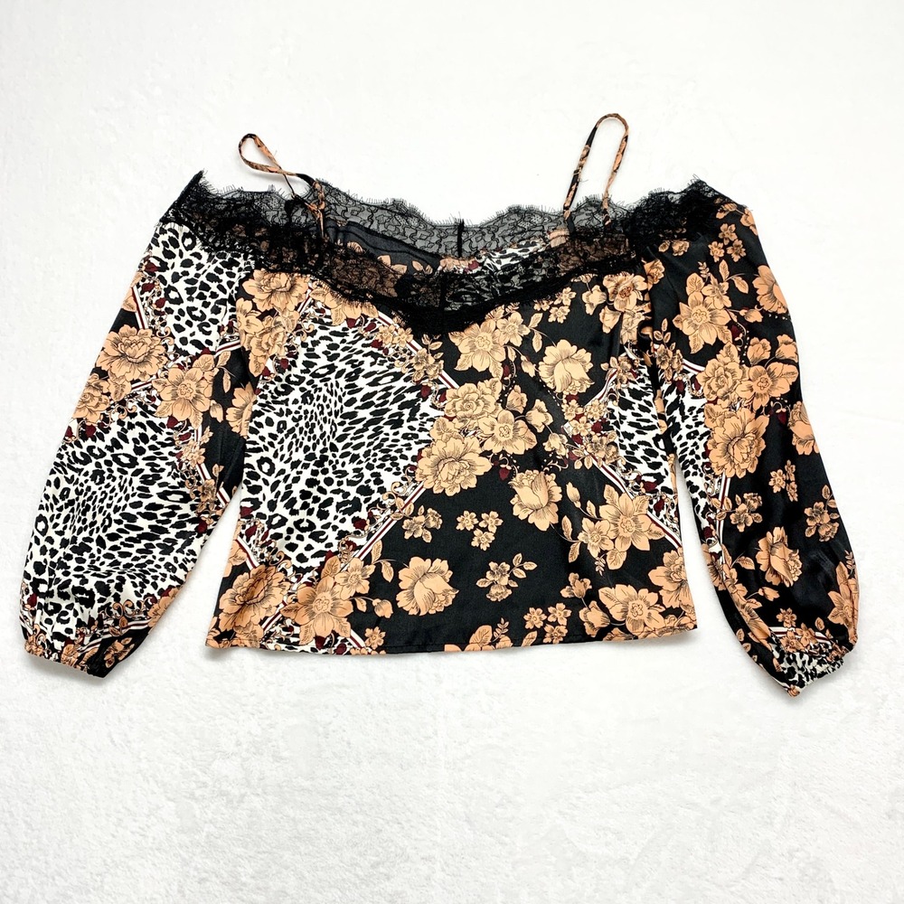 Guess Off Shoulder Lace Trim Blouse Womens Size M Black Tan Floral Leopard Satin